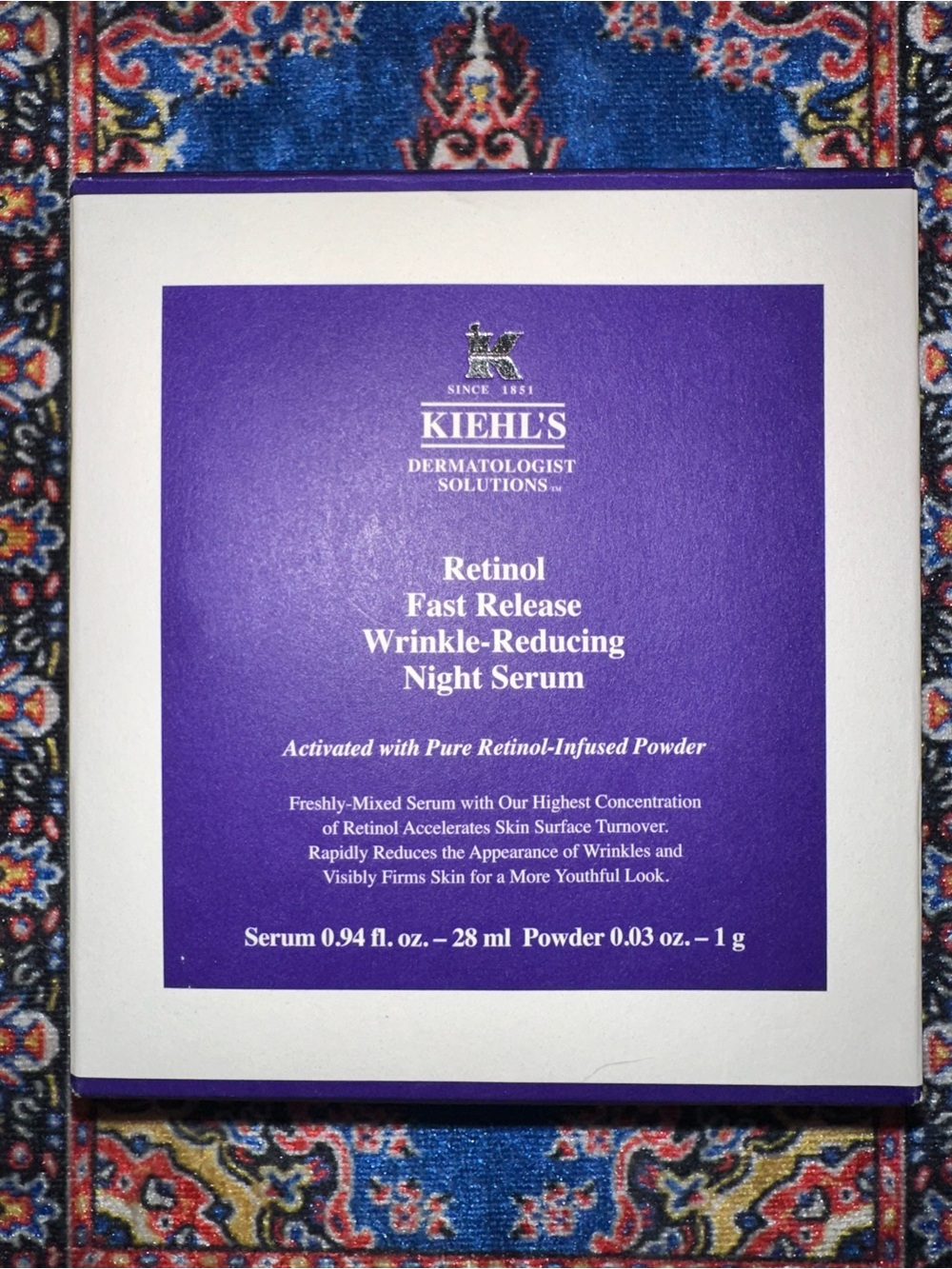 Kiehl's Retinol Night Serum Box in Purple and White
